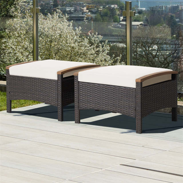2PCS Patio PE Rattan Ottomans w/ Acacia Wood Handle & Removable Cushion, 3-in-1 Wicker Outdoor Footrest Seat & Side Table for Poolside, Backyard