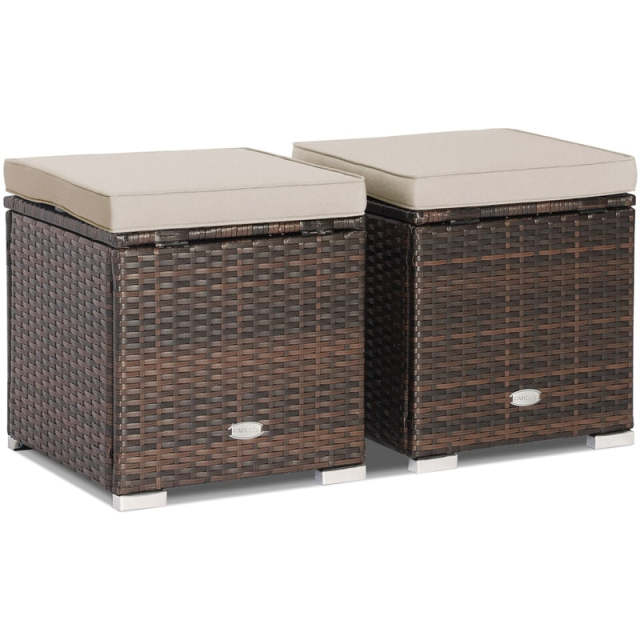 2PCS Wicker Patio Ottomans Hand-Woven PE Rattan Multipurpose Outdoor Footstool Side Table with Removable Cushions & Hidden Storage Box