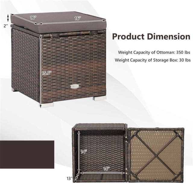 2PCS Wicker Patio Ottomans Hand-Woven PE Rattan Multipurpose Outdoor Footstool Side Table with Removable Cushions & Hidden Storage Box