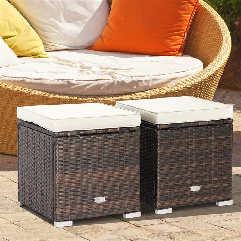 2PCS Wicker Patio Ottomans Hand-Woven PE Rattan Multipurpose Outdoor Footstool Side Table with Removable Cushions & Hidden Storage Box