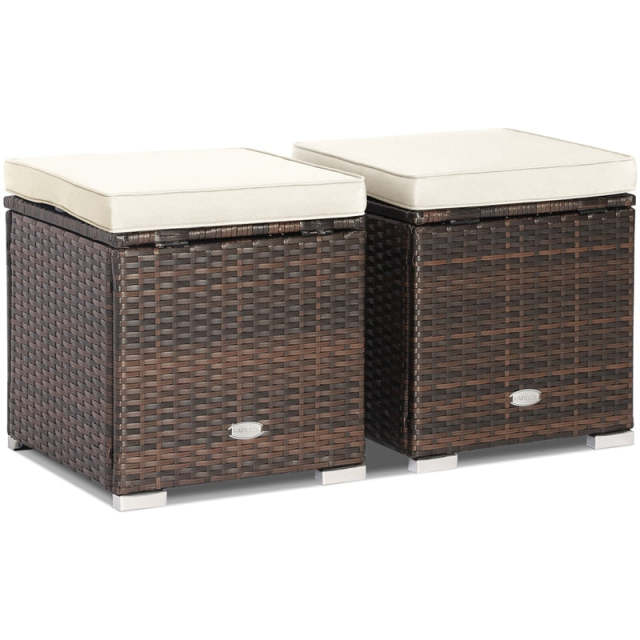2PCS Wicker Patio Ottomans Hand-Woven PE Rattan Multipurpose Outdoor Footstool Side Table with Removable Cushions & Hidden Storage Box