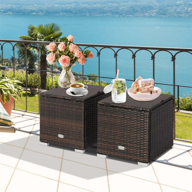 2PCS Wicker Patio Ottomans Hand-Woven PE Rattan Multipurpose Outdoor Footstool Side Table with Removable Cushions & Hidden Storage Box