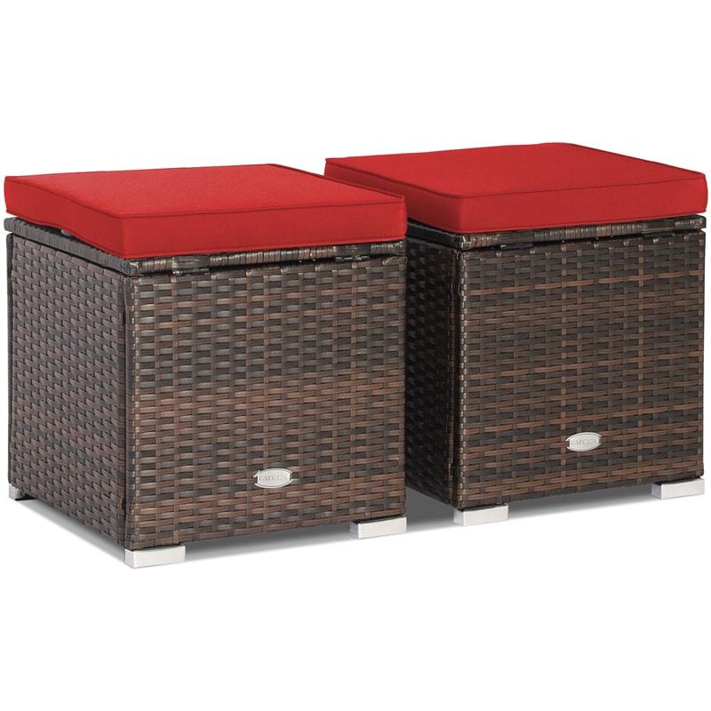 2PCS Wicker Patio Ottomans Hand-Woven PE Rattan Multipurpose Outdoor Footstool Side Table with Removable Cushions & Hidden Storage Box