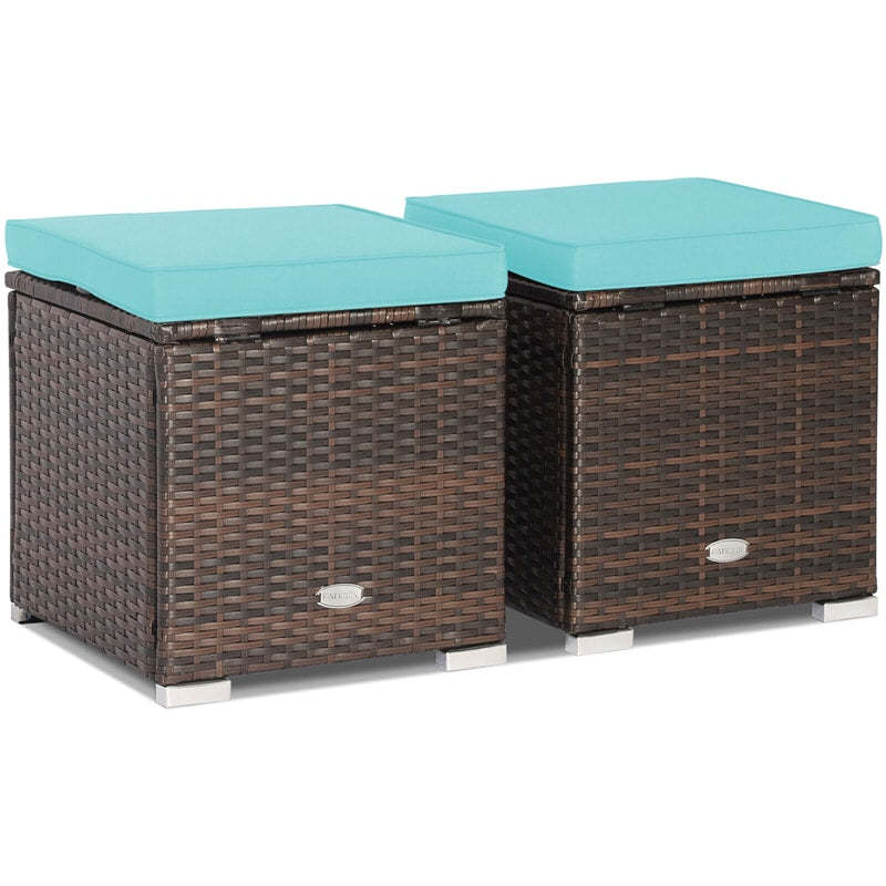 2PCS Wicker Patio Ottomans Hand-Woven PE Rattan Multipurpose Outdoor Footstool Side Table with Removable Cushions & Hidden Storage Box