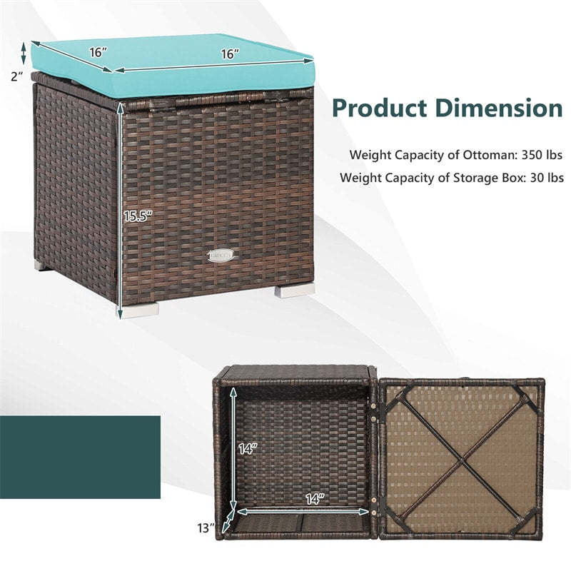 2PCS Wicker Patio Ottomans Hand-Woven PE Rattan Multipurpose Outdoor Footstool Side Table with Removable Cushions & Hidden Storage Box