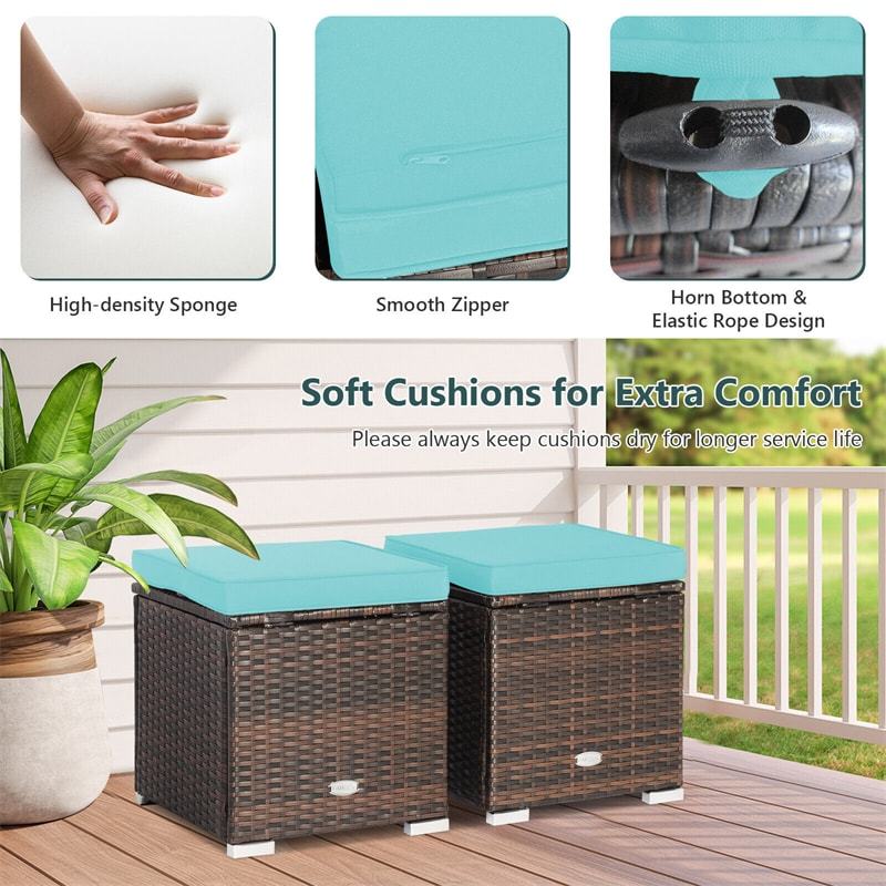 2PCS Wicker Patio Ottomans Hand-Woven PE Rattan Multipurpose Outdoor Footstool Side Table with Removable Cushions & Hidden Storage Box