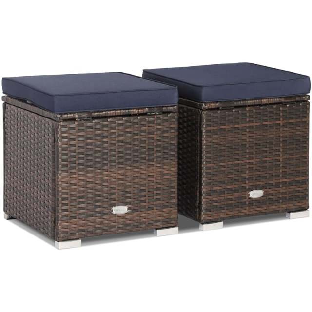 2PCS Wicker Patio Ottomans Hand-Woven PE Rattan Multipurpose Outdoor Footstool Side Table with Removable Cushions & Hidden Storage Box