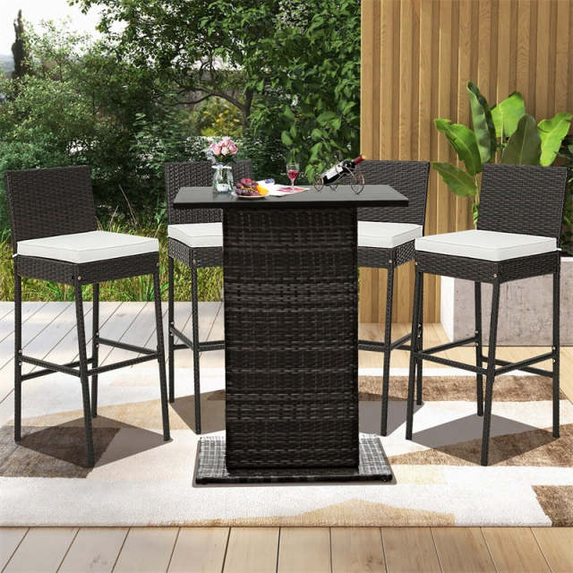 Wicker Outdoor Bar Stools Set of 2, Heavy-Duty Metal Frame Bar Height Patio Chairs with Soft Seat Cushions & Footrests
