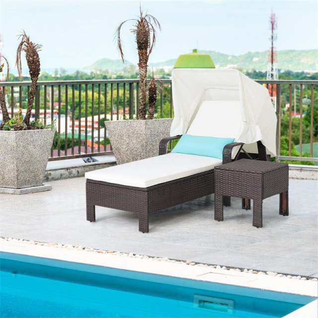 2-Piece Outdoor Chaise Lounge Chair & Table Set with Folding Canopy, Adjustable Backrest & Cushions, Rattan Patio Furniture for Poolside, Backyard