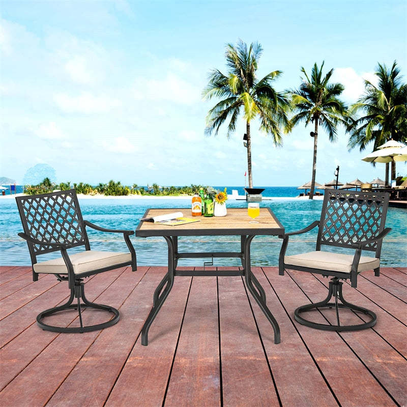 Swivel Patio Dining Chairs Set of 2, Metal Frame Lattice Outdoor Chairs 360 Rotation with Cushions & Curved Armrests for Porch Lawn Garden Yard