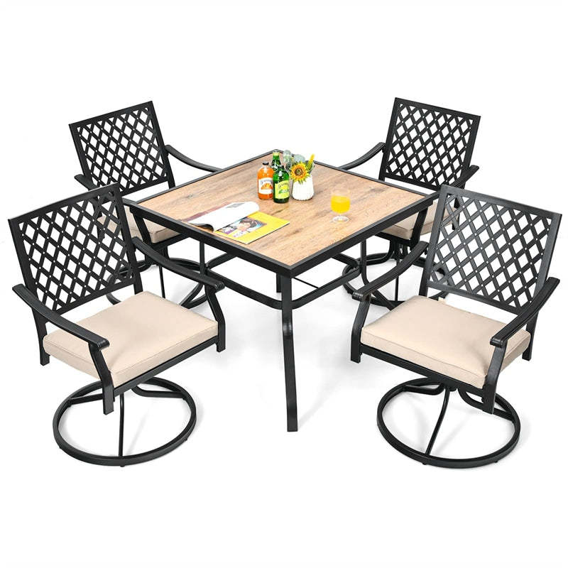 Swivel Patio Dining Chairs Set of 2, Metal Frame Lattice Outdoor Chairs 360 Rotation with Cushions & Curved Armrests for Porch Lawn Garden Yard