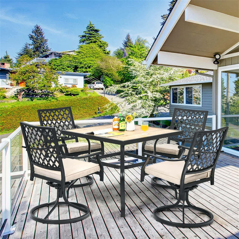 Swivel Patio Dining Chairs Set of 2, Metal Frame Lattice Outdoor Chairs 360 Rotation with Cushions & Curved Armrests for Porch Lawn Garden Yard