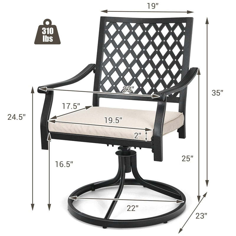Swivel Patio Dining Chairs Set of 2, Metal Frame Lattice Outdoor Chairs 360 Rotation with Cushions & Curved Armrests for Porch Lawn Garden Yard