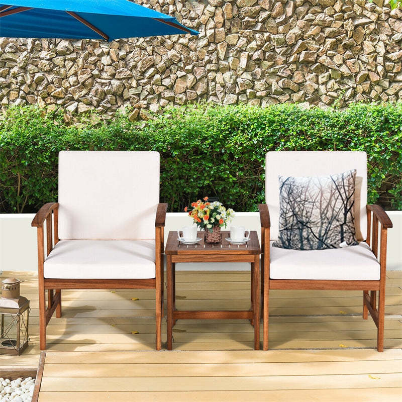 3 Piece Acacia Wood Patio Furniture Set with Cushioned Chairs & Coffee Table, Solid Wood Outdoor Bistro Set for Garden Backyard Deck