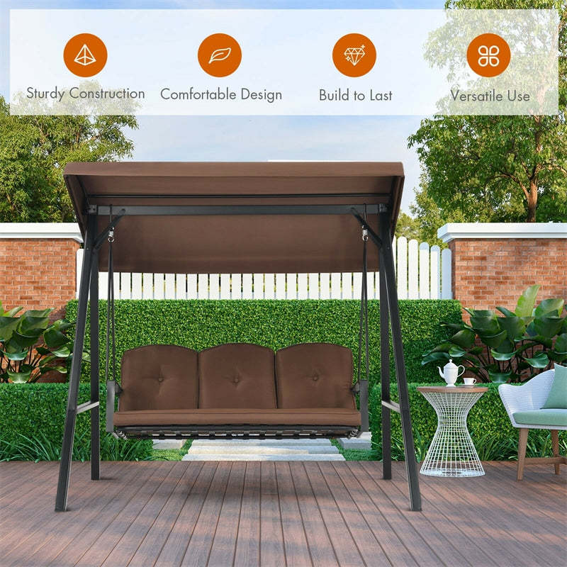 Outdoor 3-Person Patio Swing with Adjustable Canopy & Removable Cushions, All-Weather Steel Frame Porch Swing for Garden, Poolside, Backyard