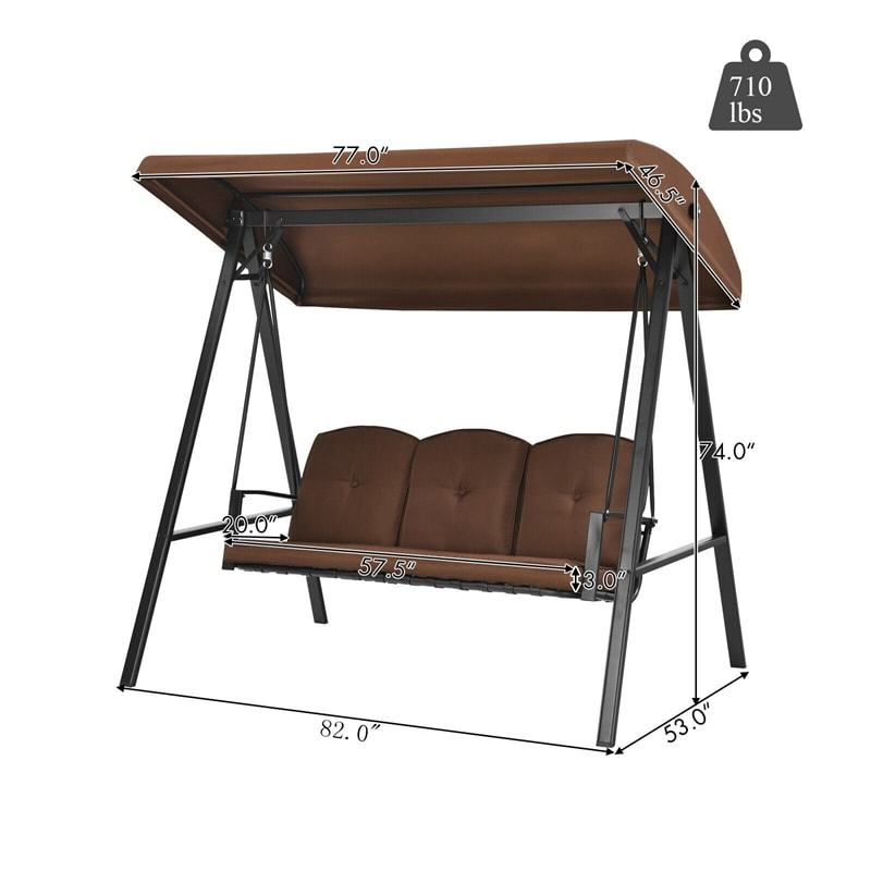 Outdoor 3-Person Patio Swing with Adjustable Canopy & Removable Cushions, All-Weather Steel Frame Porch Swing for Garden, Poolside, Backyard