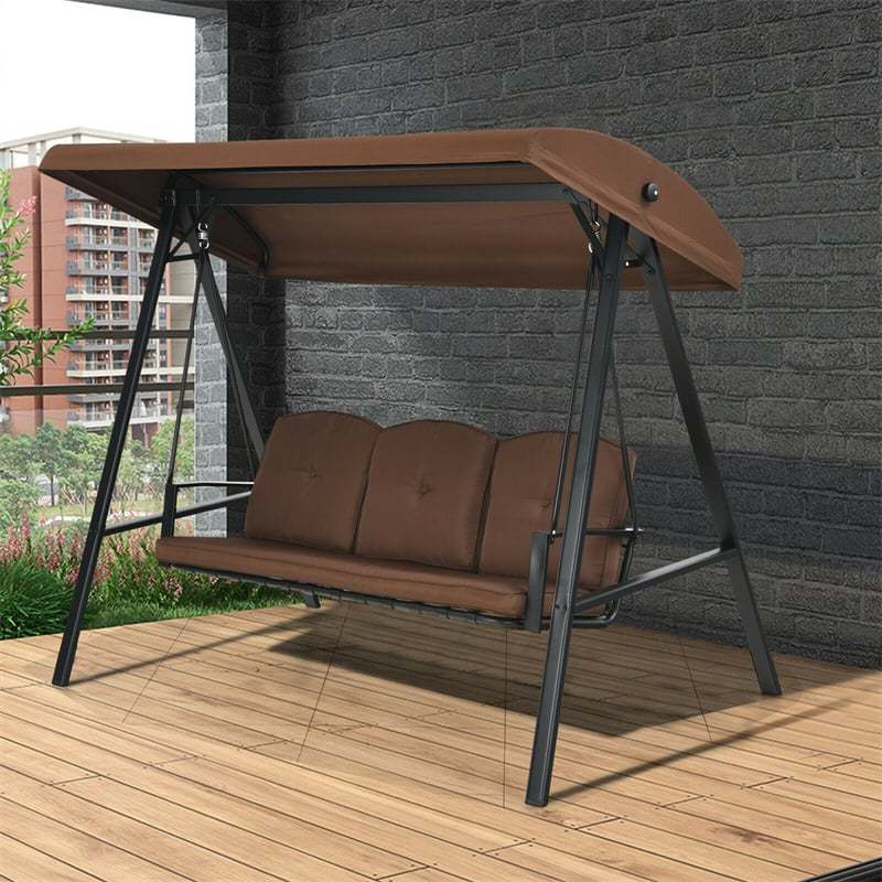 Outdoor 3-Person Patio Swing with Adjustable Canopy & Removable Cushions, All-Weather Steel Frame Porch Swing for Garden, Poolside, Backyard