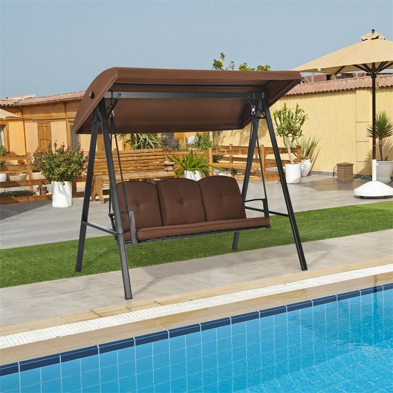 Outdoor 3-Person Patio Swing with Adjustable Canopy & Removable Cushions, All-Weather Steel Frame Porch Swing for Garden, Poolside, Backyard