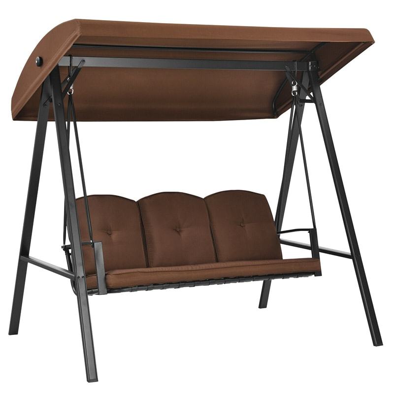 Outdoor 3-Person Patio Swing with Adjustable Canopy & Removable Cushions, All-Weather Steel Frame Porch Swing for Garden, Poolside, Backyard