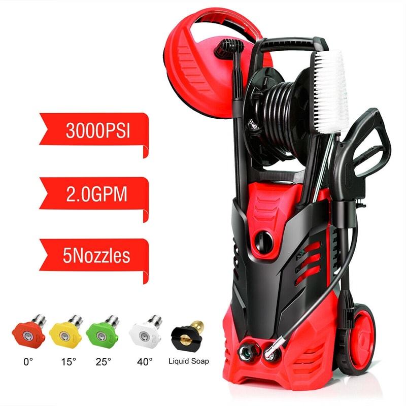 3000PSI Electric High Pressure Washer, 2000W 2 GPM Portable Power Washer Home Patio Deck Cleaner with 5 Nozzles & 2 Wheels