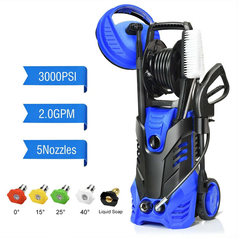3000PSI Electric High Pressure Washer, 2000W 2 GPM Portable Power Washer Home Patio Deck Cleaner with 5 Nozzles & 2 Wheels