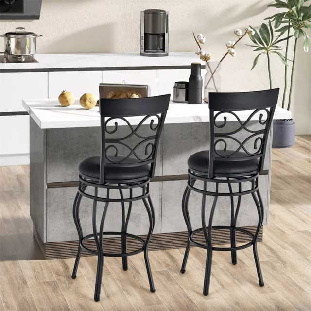 Swivel Metal Bar Stools Set of 2, 30" Bar Height Barstools with Back, PU Leather Padded Seat, 330LBS Capacity for Kitchen Island/Pub/Dining Room