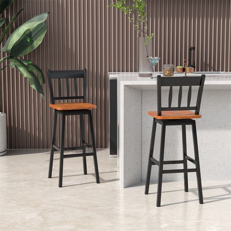 30.5" Swivel Bar Stools Set of 2 Solid Rubber Wood Bar Height Chairs with Footrests for Kitchen Dining Counters Pub