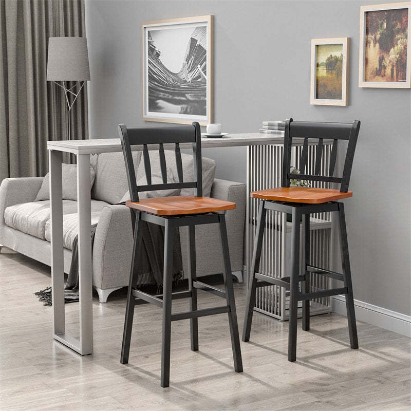 30.5" Swivel Bar Stools Set of 2 Solid Rubber Wood Bar Height Chairs with Footrests for Kitchen Dining Counters Pub
