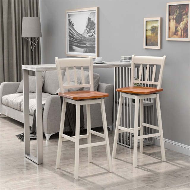 30.5" Swivel Bar Stools Set of 2 Solid Rubber Wood Bar Height Chairs with Footrests for Kitchen Dining Counters Pub