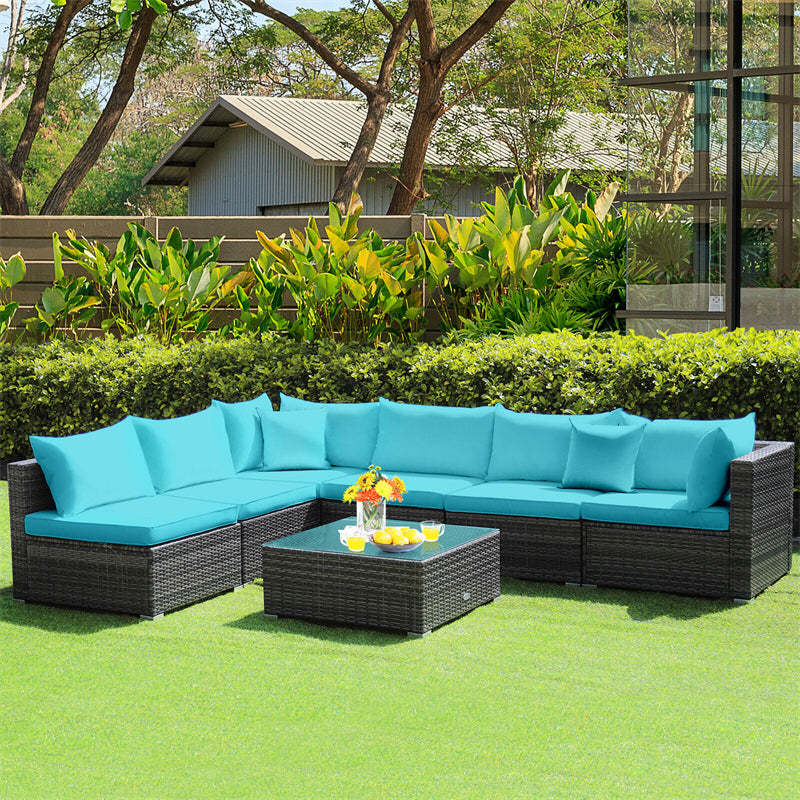 7PCS PE Rattan Modular Outdoor Sectional Set with Tempered Glass Top Table & Cushions, Patio Sofa Furniture for Backyard, Poolside Garden