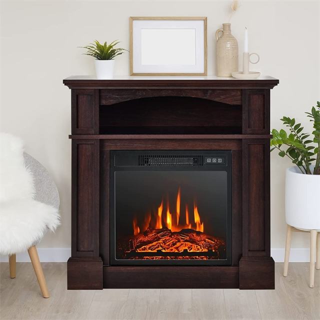 32" Electric Fireplace with Mantel, 1400W Freestanding Heater with Adjustable Flame, Remote Control, Thermostat & Storage Shelf for Living Room