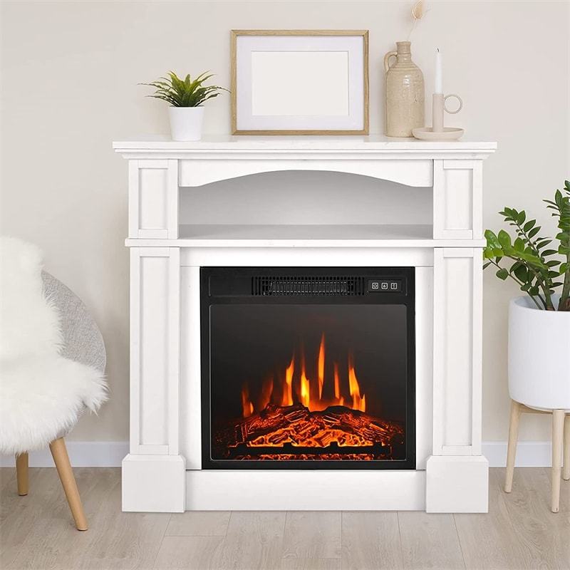 32" Electric Fireplace with Mantel, 1400W Freestanding Heater with Adjustable Flame, Remote Control, Thermostat & Storage Shelf for Living Room