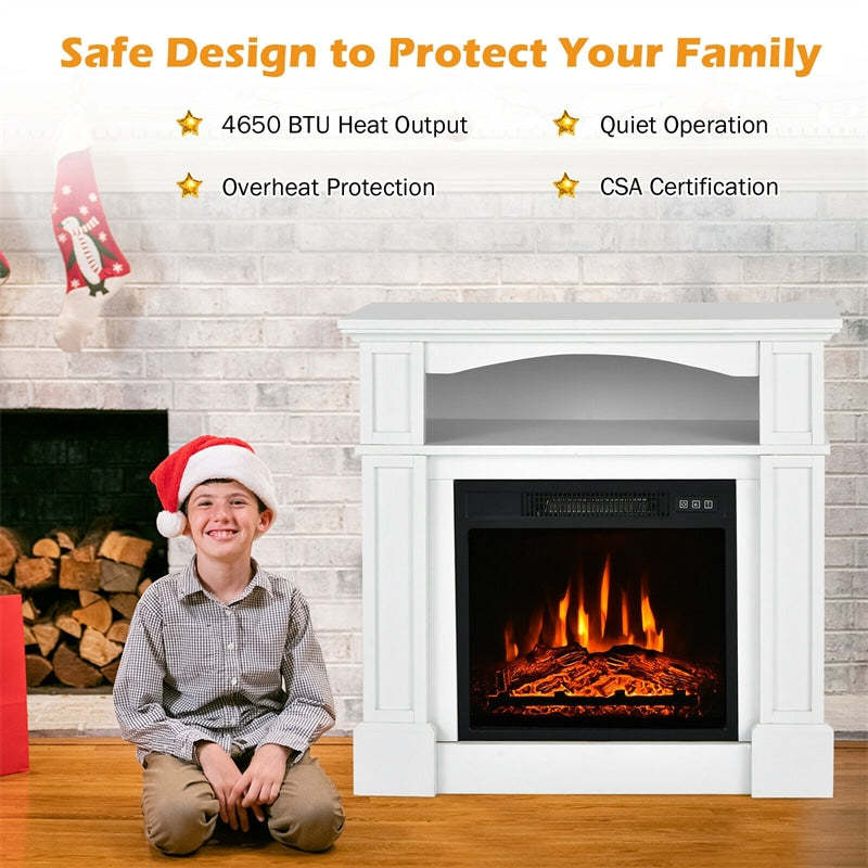 32" Electric Fireplace with Mantel, 1400W Freestanding Heater with Adjustable Flame, Remote Control, Thermostat & Storage Shelf for Living Room