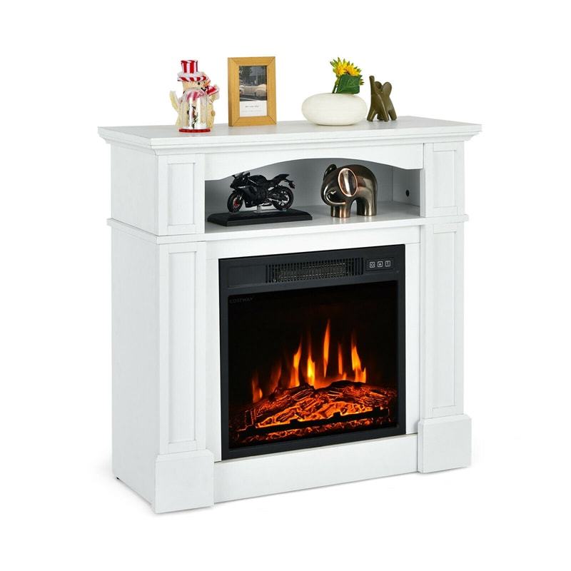 32" Electric Fireplace with Mantel, 1400W Freestanding Heater with Adjustable Flame, Remote Control, Thermostat & Storage Shelf for Living Room
