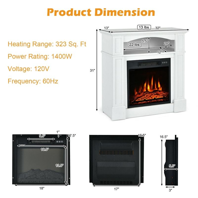 32" Electric Fireplace with Mantel, 1400W Freestanding Heater with Adjustable Flame, Remote Control, Thermostat & Storage Shelf for Living Room