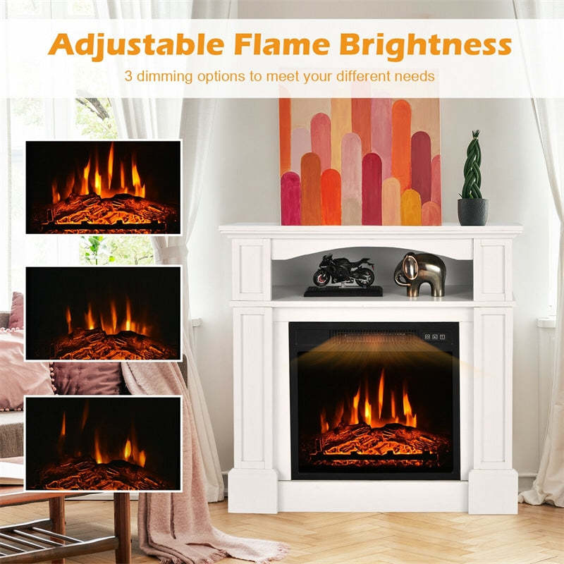 32" Electric Fireplace with Mantel, 1400W Freestanding Heater with Adjustable Flame, Remote Control, Thermostat & Storage Shelf for Living Room