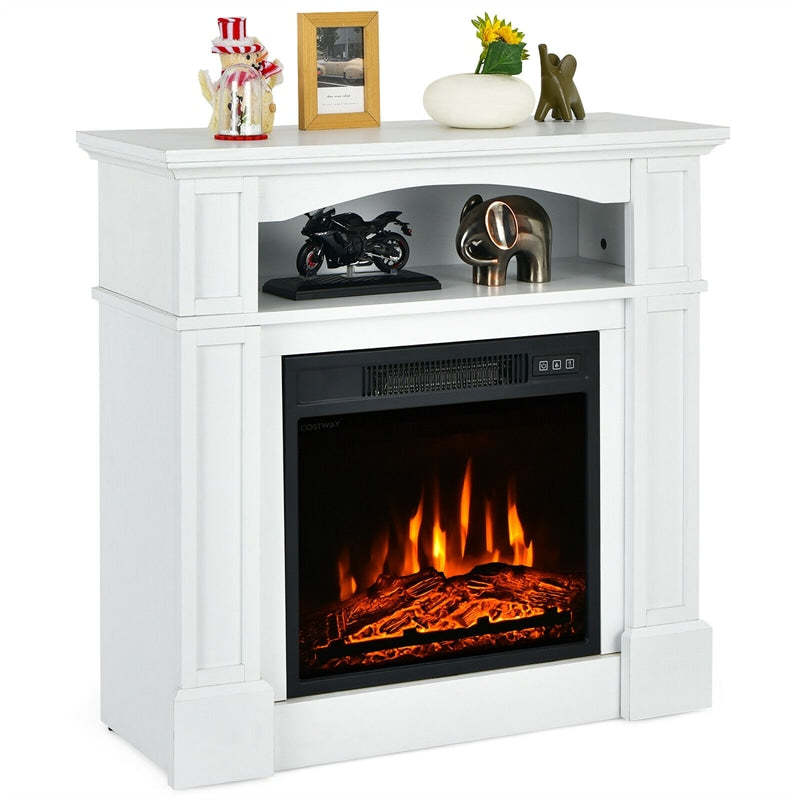 32" Electric Fireplace with Mantel, 1400W Freestanding Heater with Adjustable Flame, Remote Control, Thermostat & Storage Shelf for Living Room