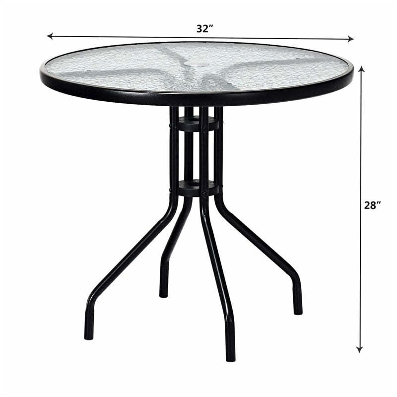 32" Round Outdoor Dining Table All Weather Patio Side Table with Umbrella Hole, Tempered Glass Top & Steel Frame