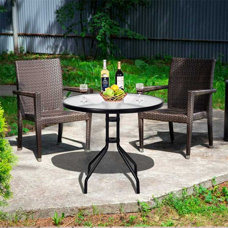 32" Round Outdoor Dining Table All Weather Patio Side Table with Umbrella Hole, Tempered Glass Top & Steel Frame