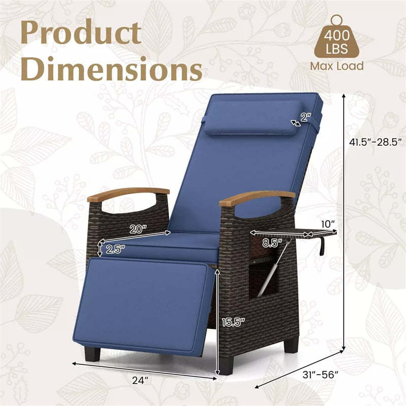 Outdoor Wicker Recliner Chair with Adjustable Backrest, Footrest, Flip Side Table & Cushion, Patio Rattan Chaise Lounge for Backyard Porch