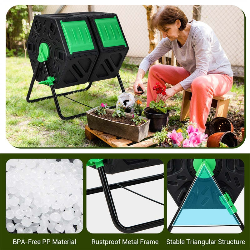 34.5 Gallon Dual Chamber Compost Tumbler High-Volume Outdoor Garden Rotating Compost Bin with Sliding Doors