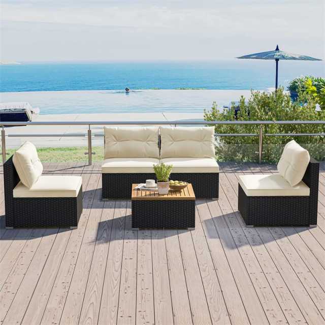 5 Piece PE Rattan Patio Sofa Set with Acacia Wood Top Coffee Table, Seat & Back Cushions, Wicker Outdoor Sectional Furniture for Backyard Garden