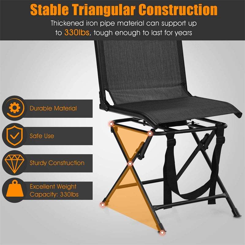 360° Swivel Hunting Blind Chair Folding Hunting Chair with Mesh Backrest & Carry Strap, Portable Silent Deer Ground Blind Chair for Fishing Camp