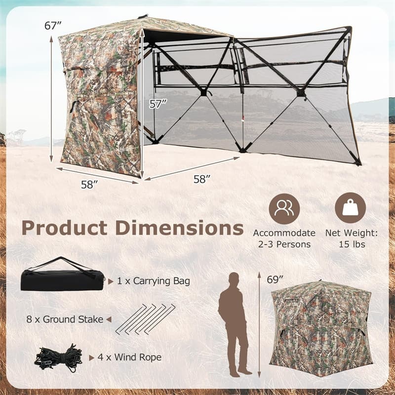 360° One-Way See-Through Hunting Blind with Full-Open Door & Portable Carrying Bag, Pop Up Ground Blind 2-3 People Hunting Tent for Deer Turkey