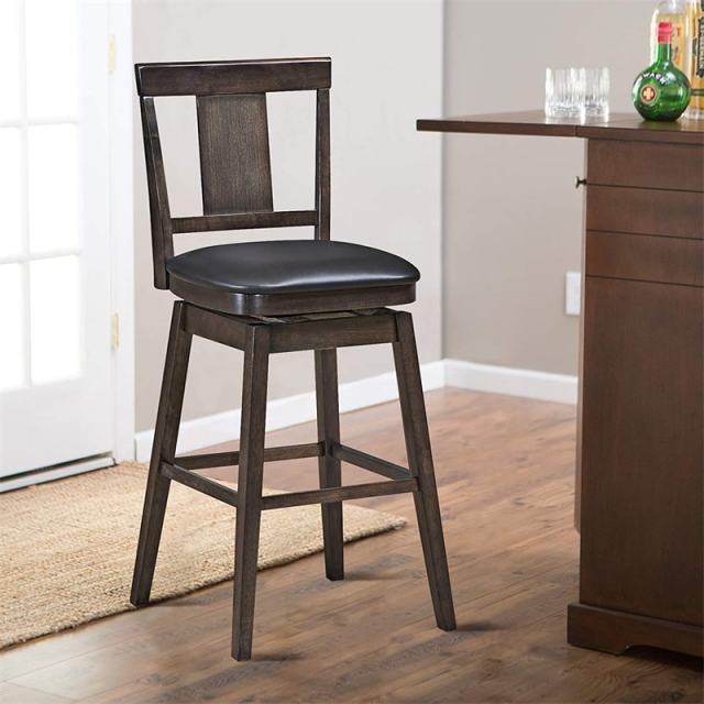 29" Wooden Swivel Bar Stool with Single Slat Back, Leather Padded Seat & Rubber Wood Legs, Bar Height Dining Chair for Kitchen Island/Pub/Living Room