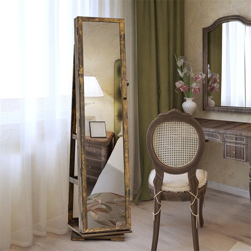 360° Swivel Jewelry Cabinet Armoire with Full Length Mirror & Rear Storage Shelves, Standing Lockable Jewelry Organizer Inside Makeup Mirror
