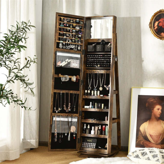 360° Swivel Jewelry Cabinet Armoire with Full Length Mirror & Rear Storage Shelves, Standing Lockable Jewelry Organizer Inside Makeup Mirror