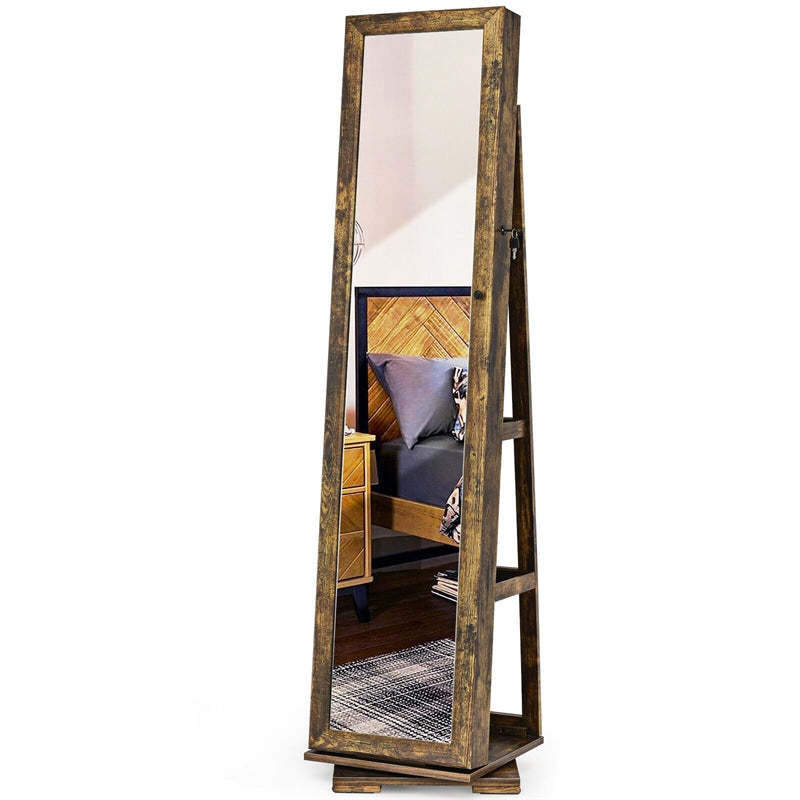 360° Swivel Jewelry Cabinet Armoire with Full Length Mirror & Rear Storage Shelves, Standing Lockable Jewelry Organizer Inside Makeup Mirror