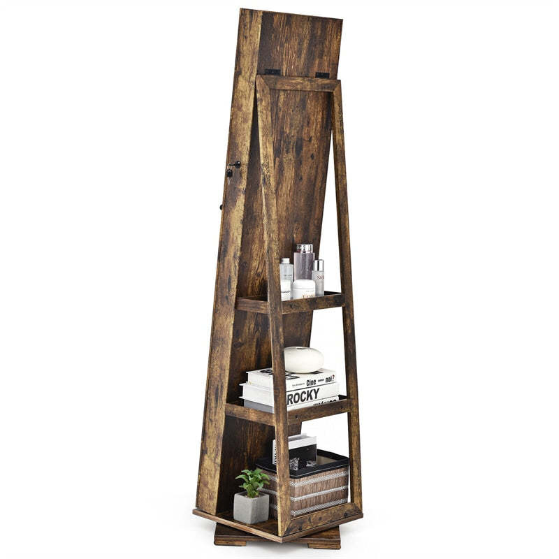 360° Swivel Jewelry Cabinet Armoire with Full Length Mirror & Rear Storage Shelves, Standing Lockable Jewelry Organizer Inside Makeup Mirror