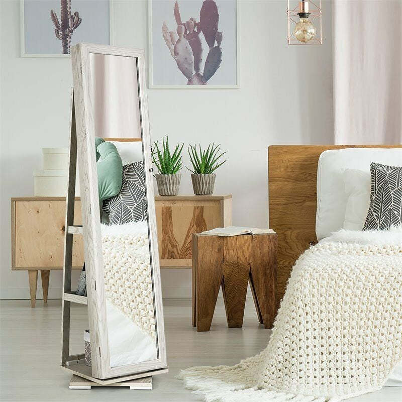 360° Swivel Jewelry Cabinet Armoire with Full Length Mirror & Rear Storage Shelves, Standing Lockable Jewelry Organizer Inside Makeup Mirror